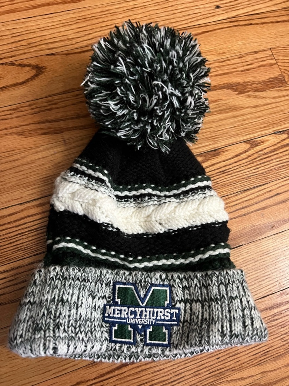 Mercyhurst University Pom Pom Beanie Hat - Black, White, Green